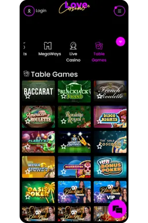 Love Casino spelletjes tafelspellen blackjack en roulette