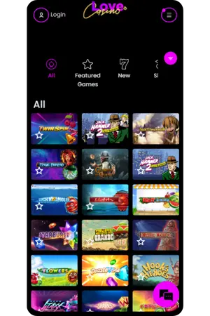 Een overzicht van de populairste Love Casino spelletjes in de lobby van het platform.
